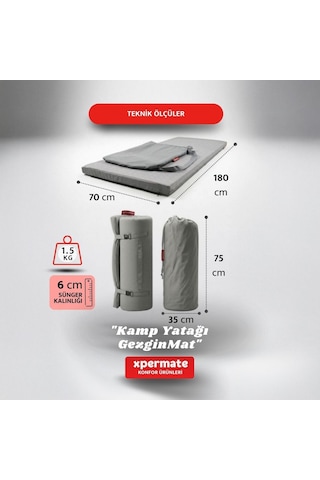 Xpermate Gezginmat Kamp Yatağı Tek Kişilik Taşıma Çantalı Kamp Matı 70 x 180 x 6 CM Gri