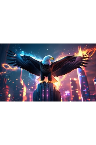 Kartal Fütüristik Bir Şehirde Neon Parıltı Stili 07 Çerçevesiz 50x30 Cm Pvc Tablo