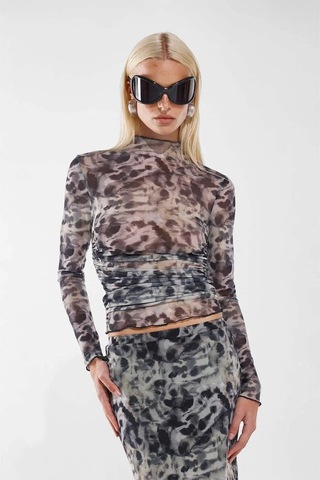 By Basak Collection Şeffaf Leopar Desenli Kadın Üst Uzun Kol Ve Yüksek Yaka Nina Top Çok Renkli