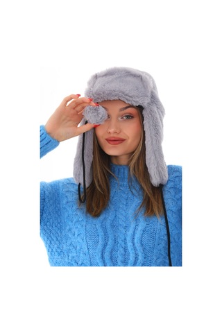 Kadın Gri Kürklü Kulaklıklı Peluş Şapka Gri