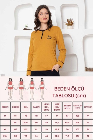 Alimer Kadın Hardal Bisiklet Yaka Uzun Kol Pijama Takım Edy2775h Hardal
