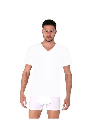 Thermoform Bambu Erkek V Yaka Tişört Kısa Kollu Fanila Atlet Ve Boxer Şort Seti Beyaz Çok Renkli