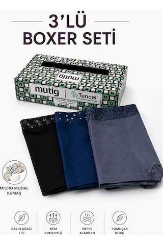 Mutig Tencel Modal Erkek Boxer 3'lü Gri - Siyah
