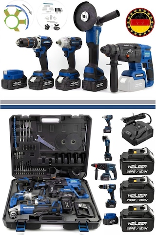 Böhrer BA01012M Kırmızı Akülü Kırıcı Delici + 125 MM Taşlama + 13 MM Vidalama + 450 NM Somun Sıkma + Lamba Set 5'li