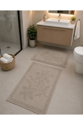 Kabartma Çiçek Desenli 2 Li Banyo Paspas Seti Yumuşak Dokulu Modern Banyo Halısı Bej