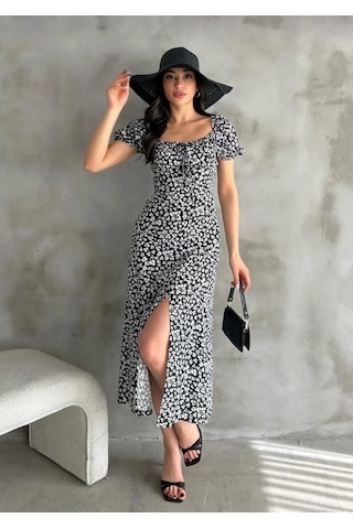 Kadın Çiçekli Yandan Gizli Ferrmuarlı Önden Bağlamalı Dokuma Elbise Siyah