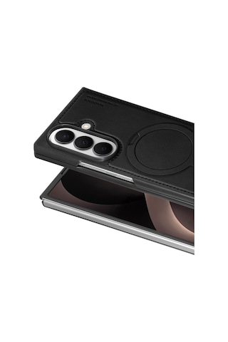 Samsung Galaxy Uyumlu Z Fold 8 Ultra Kılıf Ring M-safe Şarj Özellikli High Pu Deri Hdd Hbc-386 Skafta Case Siyah