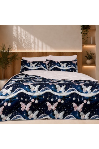 Starlight Butterfly Luxe Çift Kişilik Kelebek Desenli Premium Uyku Seti Çeyiz Seti Lastikli Çarşaflı %100 Pamuk Mavi