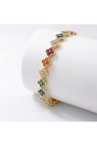 Premium Parlak Altın Renk 8 Mm Pembe Zirkon Taş Çiçek Kadın Bijuteri Bileklik 3183kbv6d3 18cm