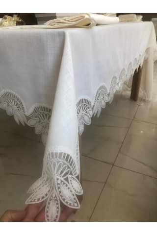 Gees Global Sofra Takımı Lady Gardenya Keten Yemek Takımı 160x220 Masa Seti 26 Parça Runner Set Krem Gbzs