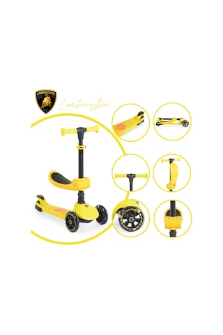 Lamborghini Lisanslı L5 2in1 Katlanabilir Oturaklı Işıklı 3 Tekerlekli Çocuk Scooter Sarı