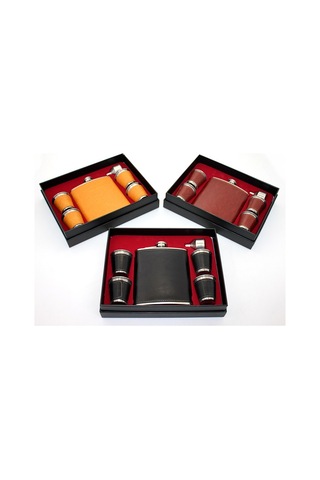 Premium Tarz Set Babaya Hediye Sunum Aracı Derili 4 Shot Bardaklı Matara Seti Çok Renkli