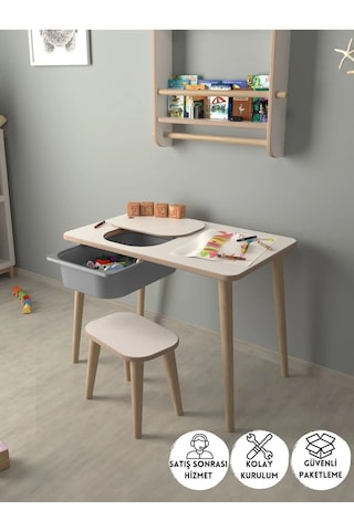 Çocuk Oyun Etkinlik Çalışma Masası Sepetli Ahşap Mdf Masa Takımı Beyaz-gri Beyaz - Gri
