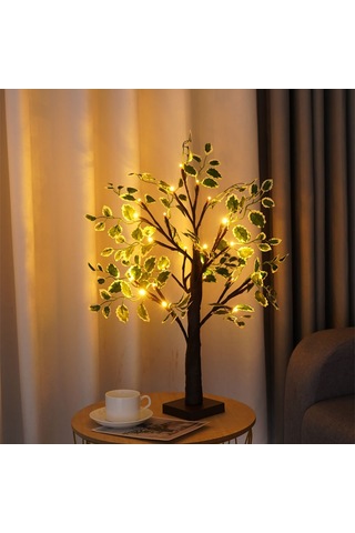 Yunboo 60cm 24led Kahverengi Ağaç Işığı - Yeşil Yaprak Beyaz Kenar, Isınak Beyaz Işık - Ev Dekorasyonu, Noel Partisi, Oda Aydınlatma Diğer