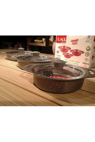 OMS Döküm Granit 6 Parça Kapaklı Sahan Set 16-18-20 cm Gri
