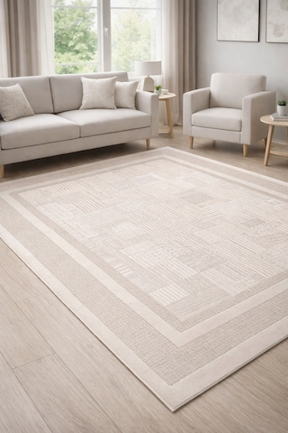 Modern Krem Bej Patchwork Halı Jüt Tabanlı Dokulu Salon Halısı Kahverengi