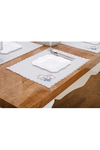 Finezza Dolce Nakışlı Keten Efekt Kumaş Krem Mavi A.Servis 34x45 cm 4 Ad -1397 Krem