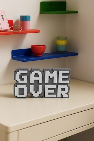 Retro Game Over Kabartmalı Dekoratif Obje - Gri Masaüstü Ve Duvar Süsü Hediye