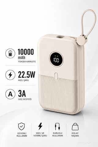 10000mah Powerbank 22.5w Hızlı Şarjlı Taşınabilir Şarj Cihazı Dahili Kablolu Krem