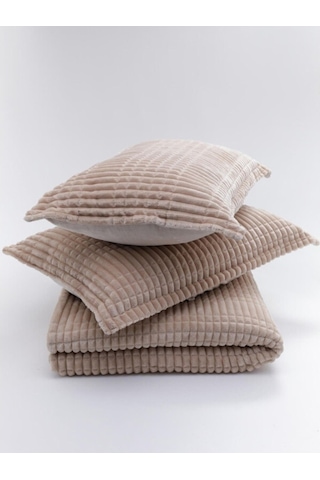 Merinos Çift Kişilik Battaniye Bej Modern Line 3 Parça Set Bej