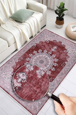 Kilim Desenli Baskılı Kaymaz Yıkanabilir Salon Oturma Odası Mutfak Antre Halısı Yolluk Bordo