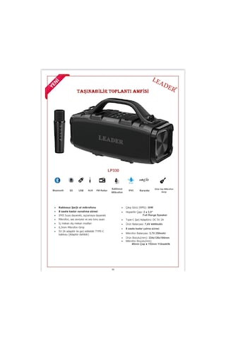 Leader Lp330 Ipx5 Bluetooth Sd Usb Aux Fm Radyo Kablosuz Mikrofon Taşınabilir Toplantı Amfisi