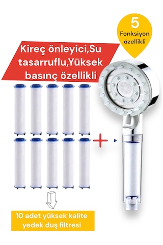 Truva 10 Adet Yedek Filtreli Beyaz Renk Masaj Özellikli Duş Başlığı Krom
