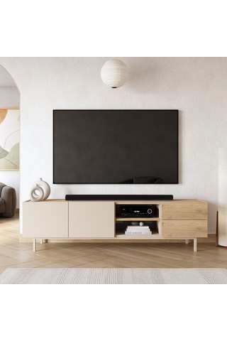 Robin Home Luka Tv Ünitesi Sehpası 2 Kapaklı 2 Çekmeceli Ahşap Ayaklı 180cm Kumsal-sepet Bej