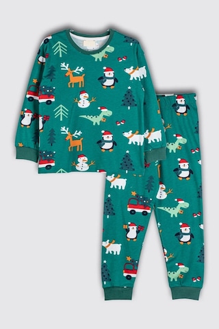 Bunny Hopp Yılbaşı Temalı Pamuk Unisex Çocuk Bisiklet Yaka Kırmızı Pijama Takımı Yeşil