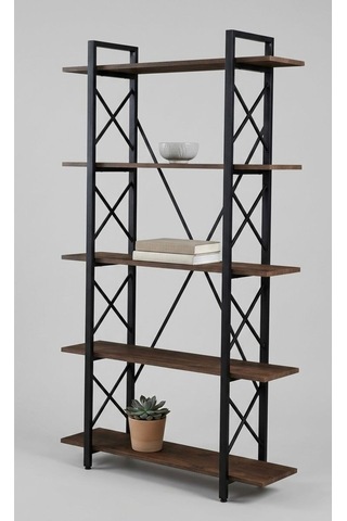 Modern 5 Raflı Metal Kitaplık - 180 Cm Ceviz Raflı Dekoratif Çelik Gövdeli Kitaplık Siyah