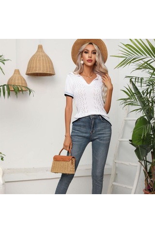 Gmxıa Kadın Modası Günlük Düz Renk Baskı Kısa Kollu V Yaka Bluzlar Ve Gömlekler Örme Kısa Kollu Beyaz