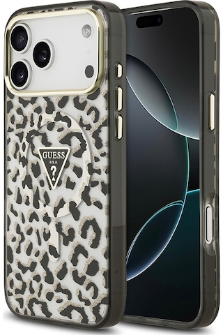 Apple Uyumlu iPhone 17 Pro Max Kılıf Guess Lisanslı M-safeli Üçgen Logolu Simli Leopar Desenli Kapak Siyah Siyah