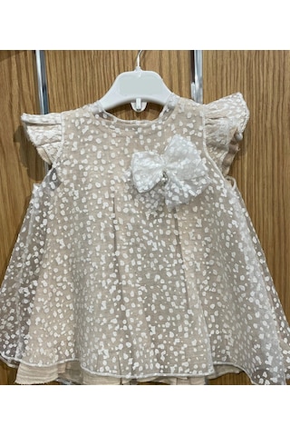 Yazlık Müslin Nokta Desenli Tüllü Taşlı Damla Aksesuarlı Bebe Kız Elbise Bej