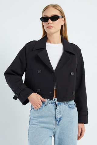 Fullamoda Kruvaze Yaka Çift Cepli Crop Trençkot Siyah