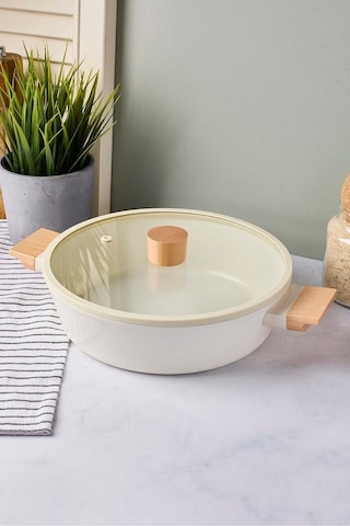 Cookwood Beige İndüksiyon Tabanlı Ahşap Kulplu Kapaklı Seramik Derin Tencere 24 Cm Bej Bej
