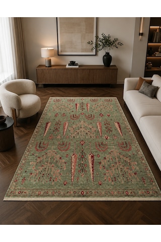 Kırmızı Yaprak Motifli Yeşil Dijital Baskı Salon Ve Oturma Odası Halısı Çok Renkli