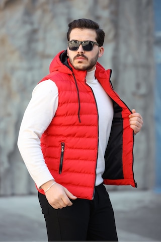 Mero Life Erkek Kırmızı Standart Fit Çıkarılır Kapüşonlu Cepli Fermuarlı Şişme Yelek