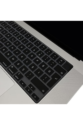 Macbook Türkçe Q Klavye Koruyucu M1-m5 Air 13.6 A2681 A3113 A3240 A3449 Pro 14 A2442 A3426 A3434 Pro 16 A2485 A3429 Neo 13 Ultra İnce Silikon Keyboard Cover Touch Id Protector Siyah