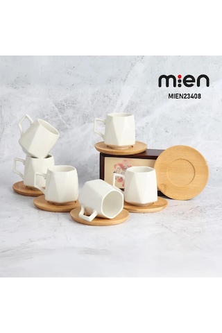 Mien Dayanıklı Bambu Tabaklı Köşeli Porselen Fincan Takımı 6 Kişilik -23408
