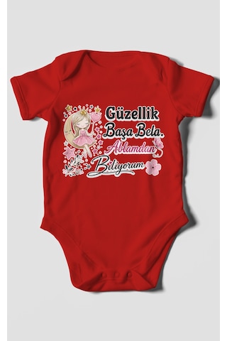 Morivokids Güzellik Başa Bela Ablamdan Biliyorum Kısa Kollu Bebek Body %100 Pamuk Kırmızı