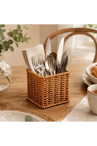Rattan Dikdörtgen Kaşıklık 10 X 10 X 12 Cm Hasır Çatal Kaşık Organizeri Mutfak Tezgah Üstü Düzenleyici Çok Renkli