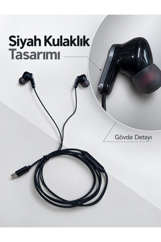 Dahili Mikrofonlu Type C Kablolu Kulaklık Siyah Gövde Akyı-384127
