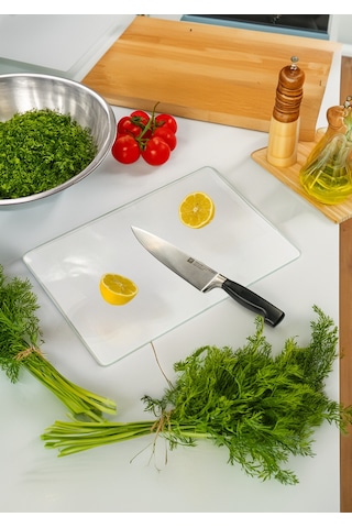 Miabella Home Şeffaf Cam Kesme Tahtası, Kesme Tablası Kenarları Oval, Antibakteriyal, Sunum Tahtası Şeffaf