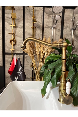 İsaoğlu Yapı Antik Gold Zen Design Rustik Mufak Bataryası Mat Gold Rustik Batarya Pirinç Musluk Altın Evye Musluk Gold