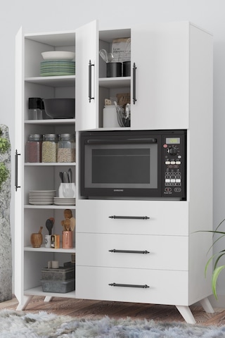 AE-2074 Aras Beyaz Çok Amaçlı Mutfak Dolabı&Banyo Dolabı,Kiler, 3 Kapaklı, 3 Çekmeceli, Fırın bölme Beyaz