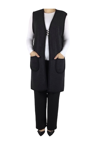 Kadın Desenli Üç Düğmeli Kalın Kışlık Yelek Siyah