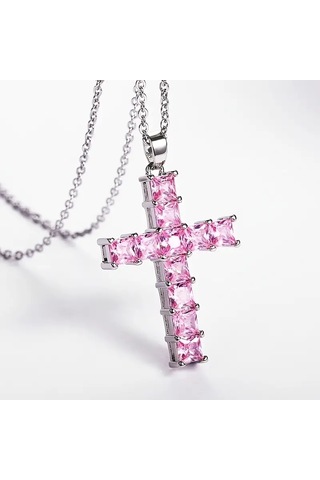 Müstesna Jwl Zirkon Taşlı Istavroz Haç Kolye Pembe Gümüş