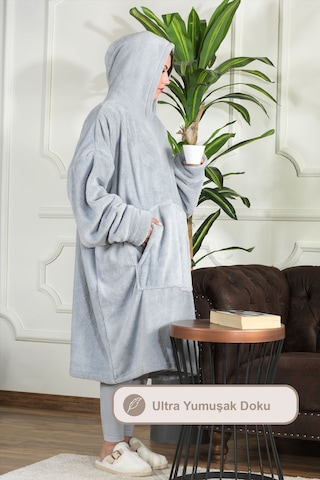 Elart Enjoy Tv Battaniyesi Wellsoft Kapüşonlu Giyilebilir Unisex Over Size 80x110 Cm Gri Gri