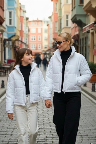 Veraura Lifestyle Kız Çocuk Beyaz Çıtçıtlı Fermuarlı Şişme Mont
