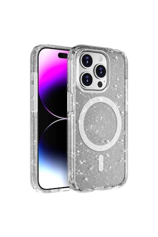 Apple Uyumlu iPhone 15 Pro Kılıf M-safe Şarj Özellikli Parlayan Simli Saydam Renkli Zore Allstar Kapak Şeffaf